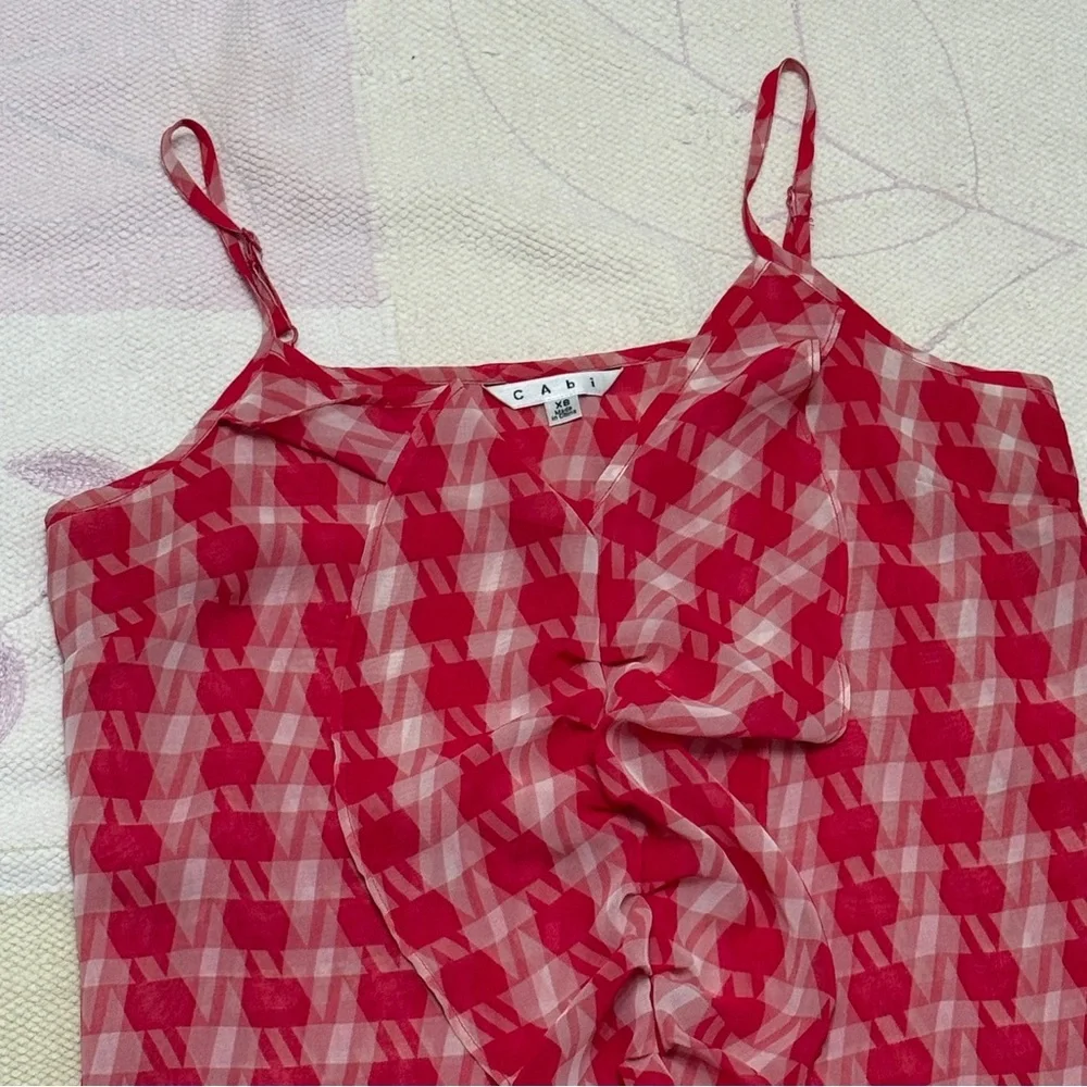 CAbi Amour Cami Lipstick Pink Ivory Ruffle Check Front Tank Top V-neck - Picture 3 of 6